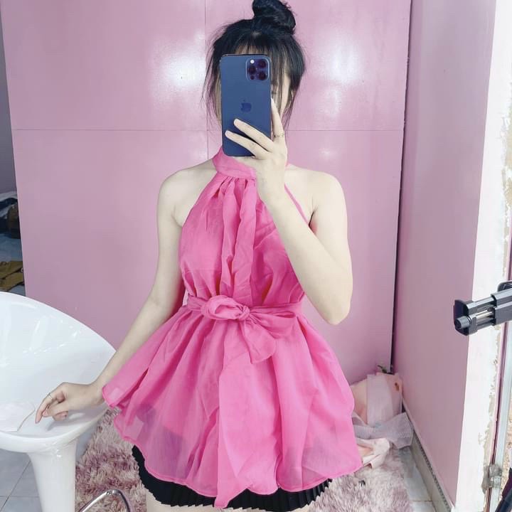 Áo yếm voan kiếng sát tay form xòe cột nơ tiểu thư phong cách Hàn Quốc