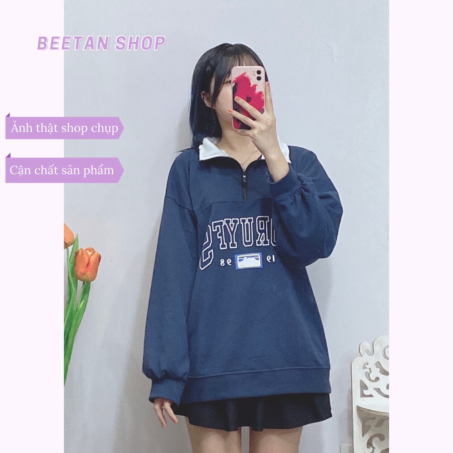 Áo sweater polo dài tay nữ có cổ phối khóa chất nỉ bông đẹp (có ảnh thật) phong cách Hàn Quốc 1998