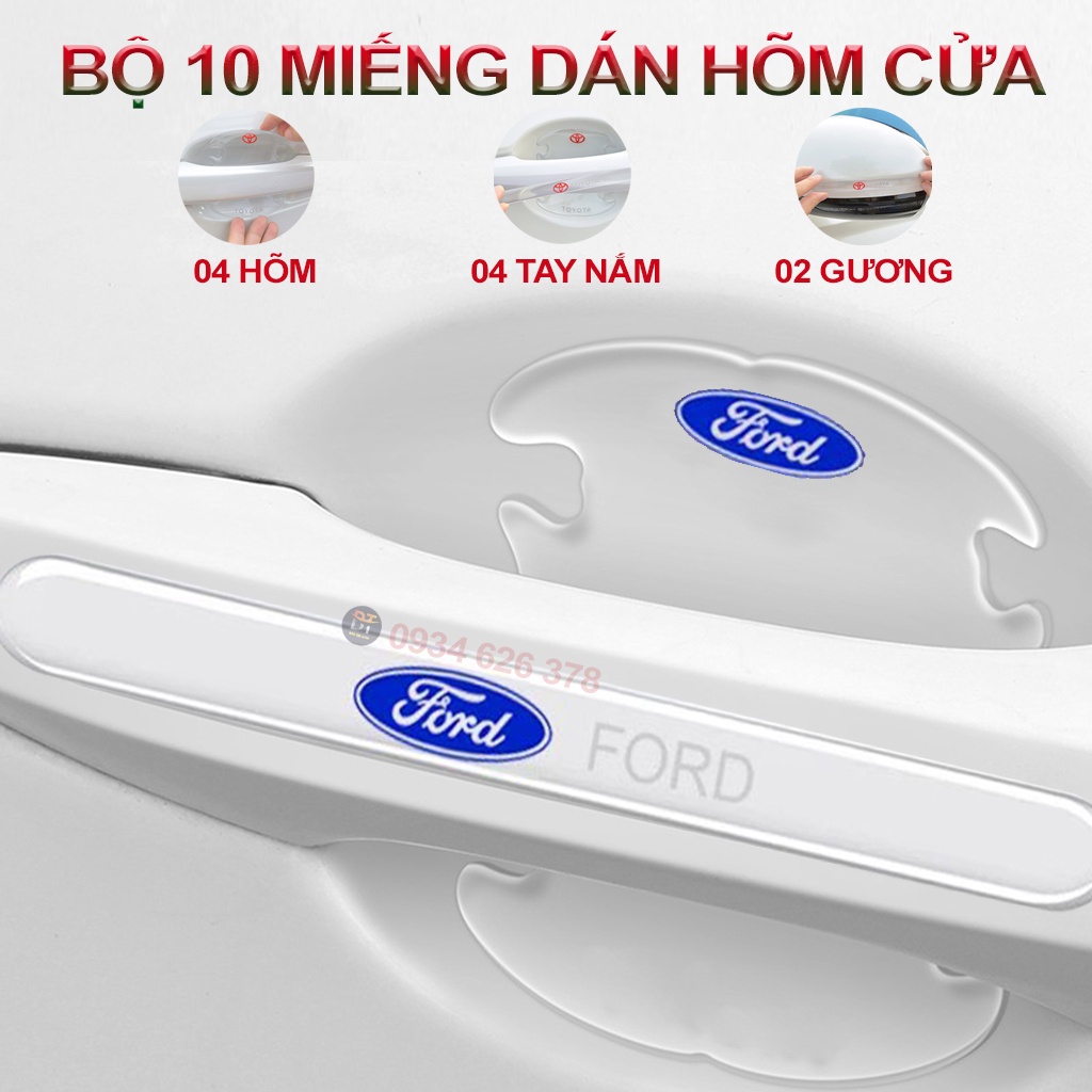 Bộ 10 miếng dán hõm cửa tay nắm ô tô chống trầy xước in logo xe Ford Ecosport, Escape, Everest, Mustang, Ranger, Fiesta