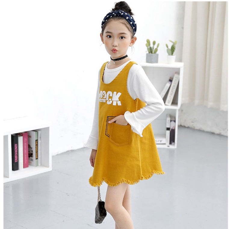 Set váy yếm bé gái chất thô đẹp tặng kèm áo trắng lỡ tay size 17-35kg [SV18]