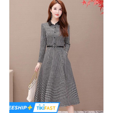 ĐẦM XÒE CARO DÀI TAY PHỐI CỔ ĐEN CÓ TÚI SƯỜN- DX122