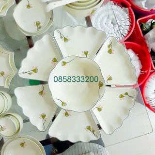 Bộ bát đĩa sứ bát tràng vẽ sen nụ, men kem, đk 48cm, 58cm