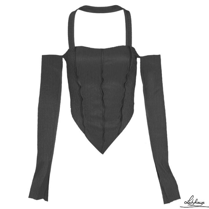 LD-Women´s Crop Tops, Halter Neck Off Shoulder Long Sleeve Solid Color T-Shirt for Young Ladies