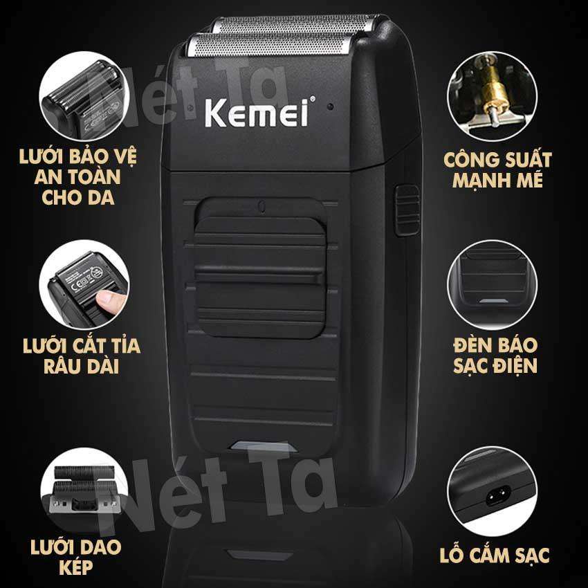 Máy cạo râu khô 2 lưỡi có thể fade trắng chân tóc Kemei KM-1102 công suất mạnh mẽ, pin sử dụng liên tục 45 phút