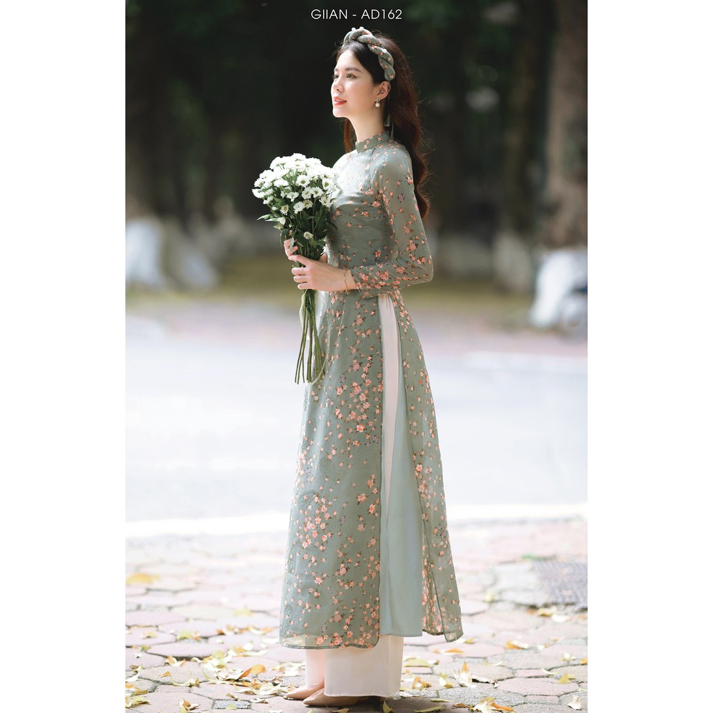 Áo dài hoa nhí xanh rêu ⚡ FREESHIP ⚡ Áo dài 4 tà hoa nhí dáng truyền thống | BigBuy360 - bigbuy360.vn