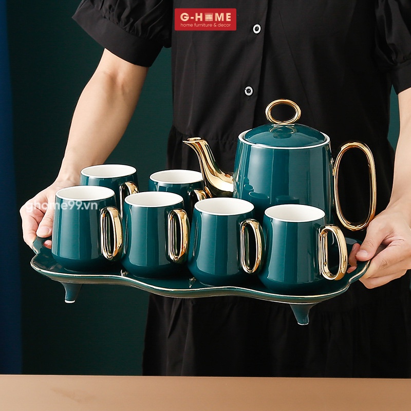 Bộ ấm trà set 6 cốc kèm chân đế cao cấp Ghome, bộ ấm trà sứ tráng men bóng thiết kế hiện đại, sang trọng BAT2022 M2