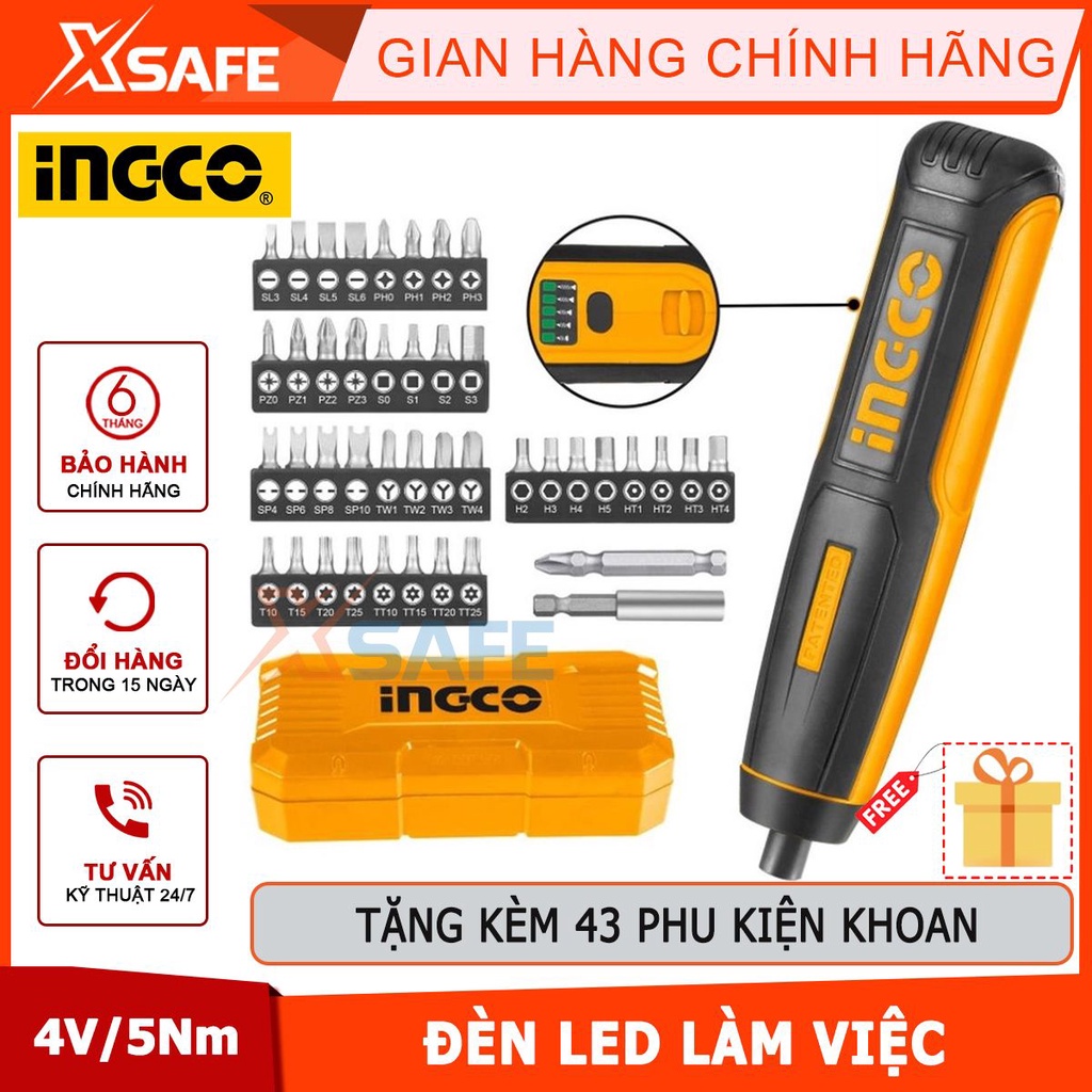 Máy bắn vít dùng pin Ingco CSDLI0403 4V, lực siết 5Nm, có đèn led, cảm ứng lực, kèm 43 phụ kiện [CHÍNH HÃNG][XSAFE]