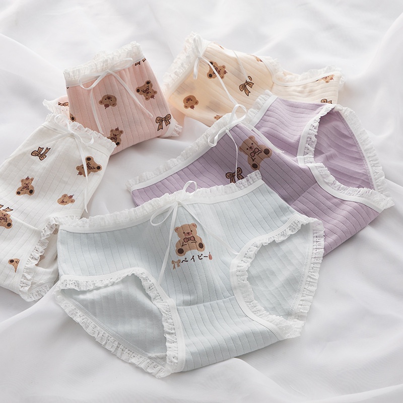 Quần Lót Nữ Họa Tiết Gấu Viền Ren Phối Nơ Xinh, Chất Cotton Mềm Mại - Subo Shop