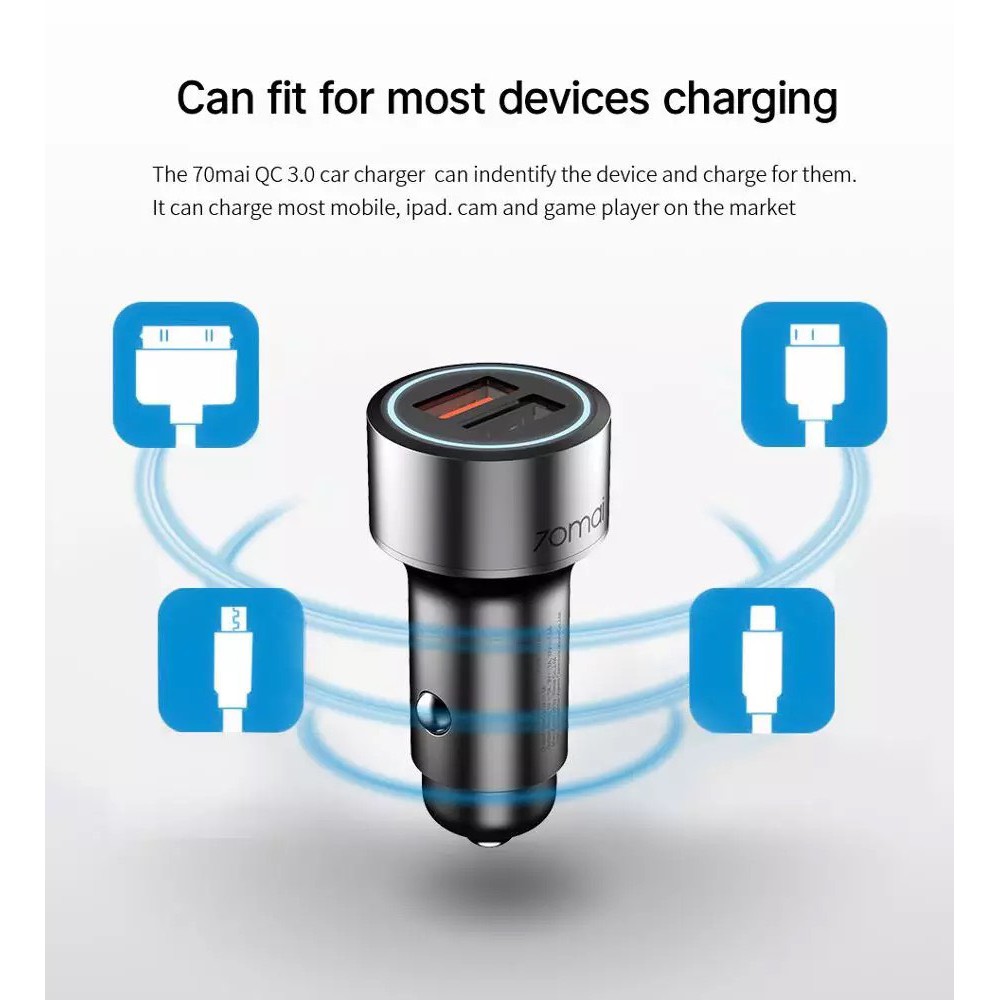 Sạc xe hơi xiaomi  70mai Dual USB Car Charger Midrive CC02 - QC3.0 Sạc nhanh 2 cổng USB , Vỏ kim loại - Bảo Hành 12 Táng