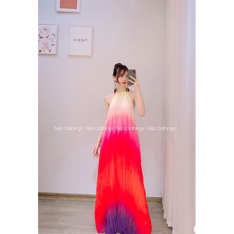 váy maxi yếm dập ly loang màu ombre
