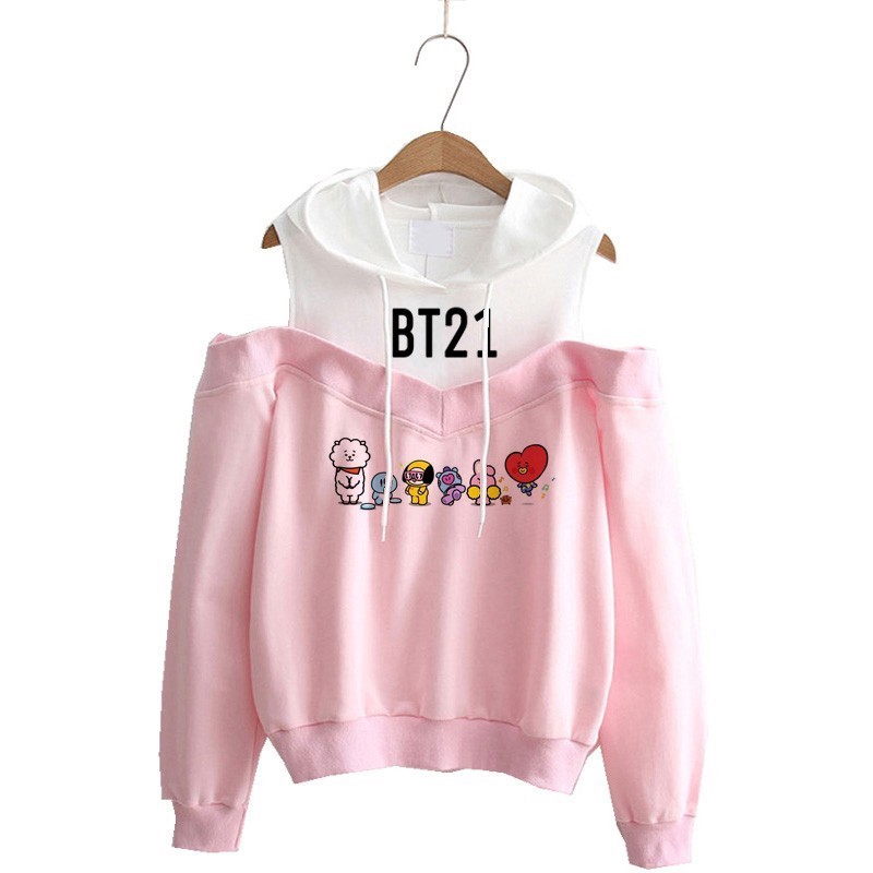 Áo Hoodie Trễ Vai In Họa Tiết Hoạt Hình bt21 bts 3D Thời Trang Mùa Thu Cho Nữ