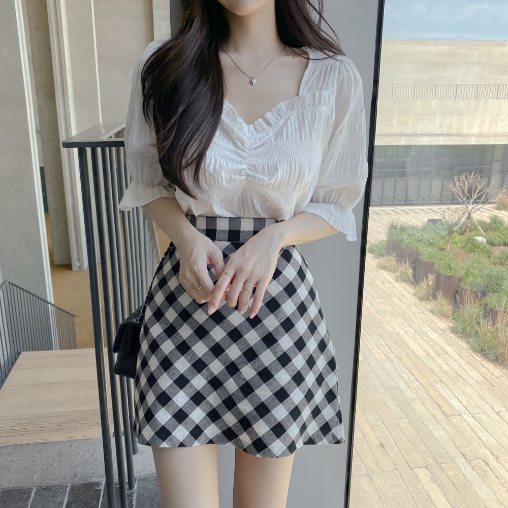 SUXI Áo Sơ Mi Tay Ngắn Cổ Chữ V Màu Sắc Đơn Giản Phong Cách Hàn Quốc