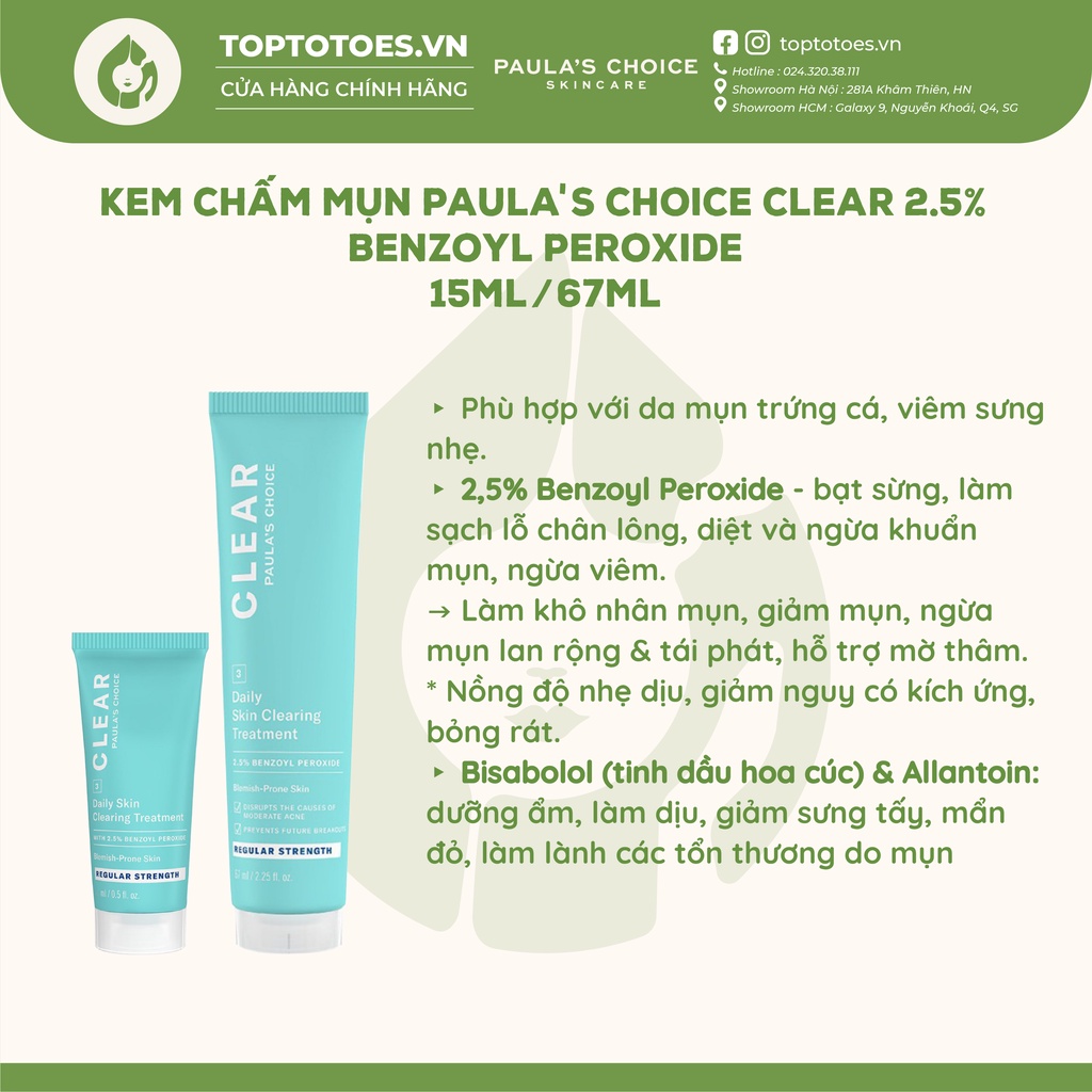 Kem chấm mụn viêm, mụn bọc Paula's Choice Clear 2,5% Benzoyl Peroxide Regular Strength 15ml/67ml [NKCH]