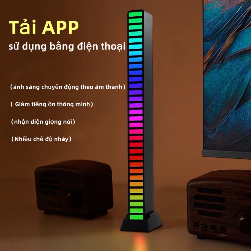 Thanh đèn LED RGB nháy theo nhạc trang trí decor 16 triệu màu cảm ứng âm thanh kèm cáp sạc usb đế miếng dán