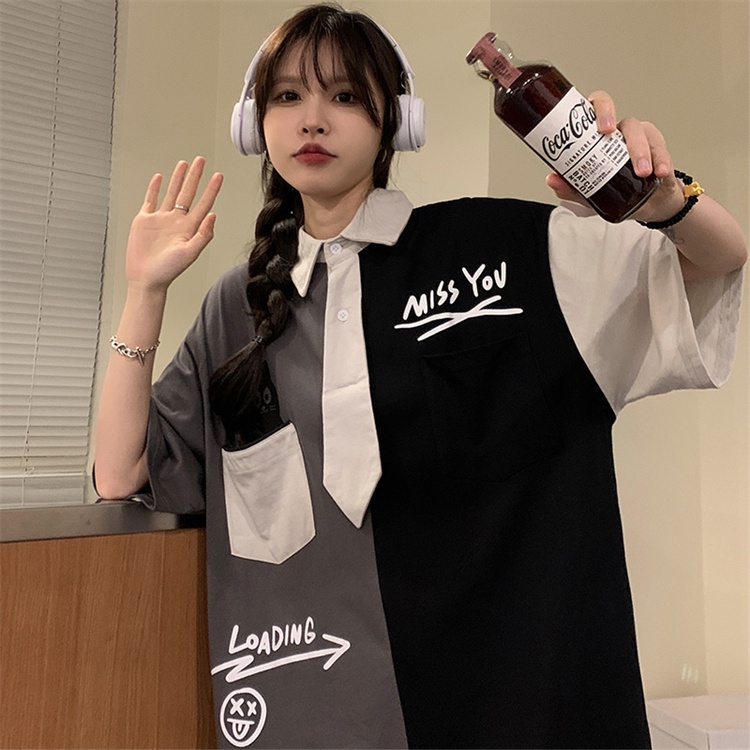 Áo Sơ Mi Cổ Polo Tay Ngắn Dáng Rộng In Họa Tiết Phong Cách Retro Mỹ Cho Nữ