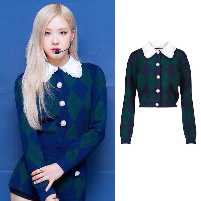 |SONA TOP| Áo cardigan cổ bèo caro xanh đen ROSE BLACKPINK, SOMI, Triệu Lộ Tư TLÉA