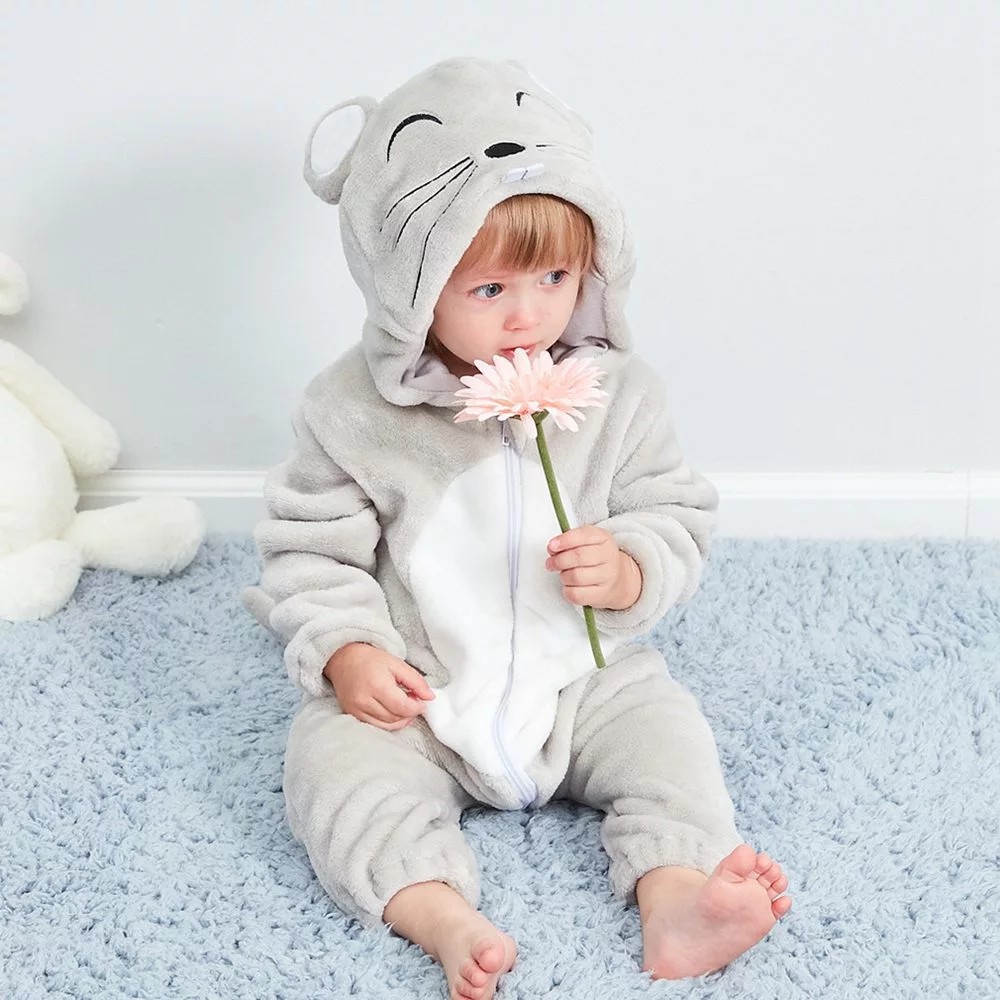 Bộ đồ ngủ bằng vải Flannel hình chú chuột hoạt hình dễ thương cho bé 0-24 tháng tuổi