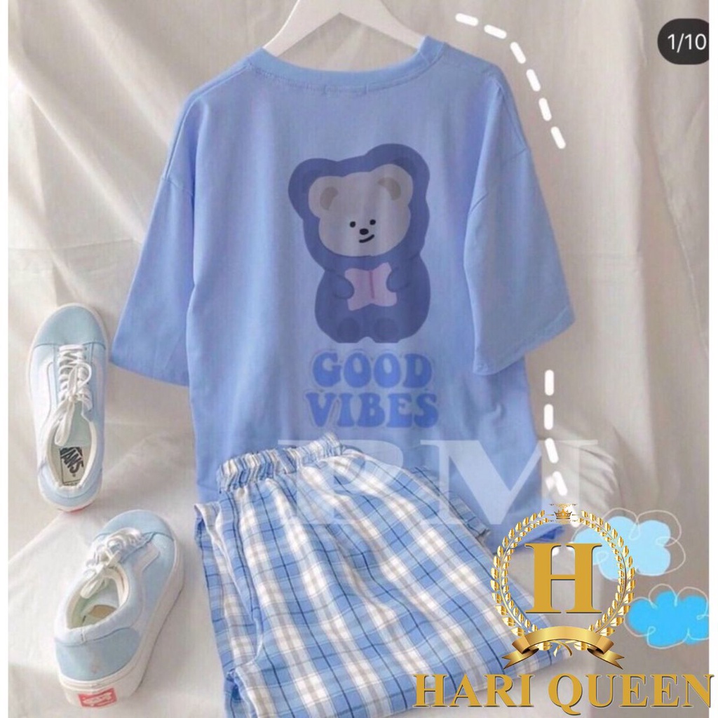 Sét áo phông gấu GOOD + quần kẻ xanh HARIQUEEN