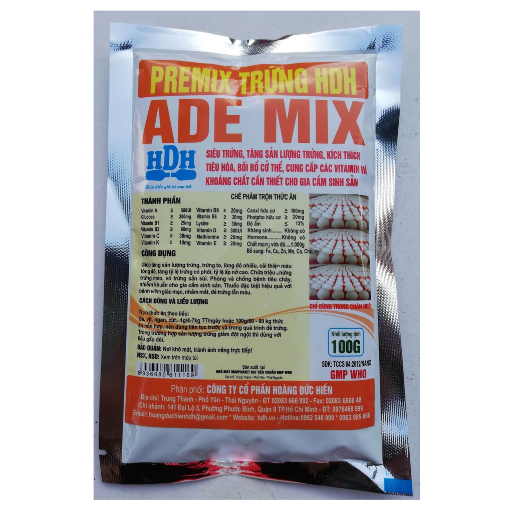 1 gói ADE PREMIX 100gSiêu trứng, tăng sản lượng trứng cung cấp các vitamin và khoáng chất cần thiết cho gia cầm sinh sản
