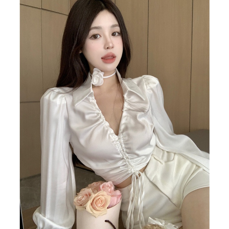 Áo Sơ Mi Chiffon Tay Dài Cổ V Phối Dây Rút Thời Trang Dành Cho Nữ