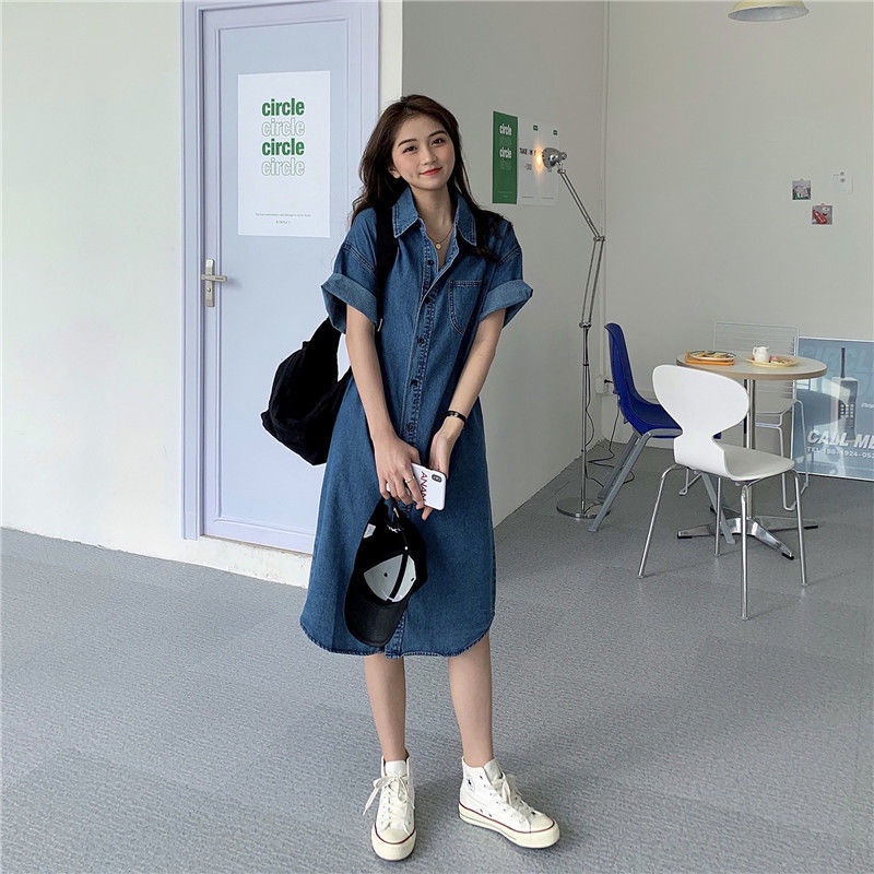 Đầm Sơ Mi Denim Tay Ngắn Dáng Rộng Màu Xanh Dương Đậm Phong Cách Hàn Quốc Thời Trang Xuân Thu Mới Cho Nữ