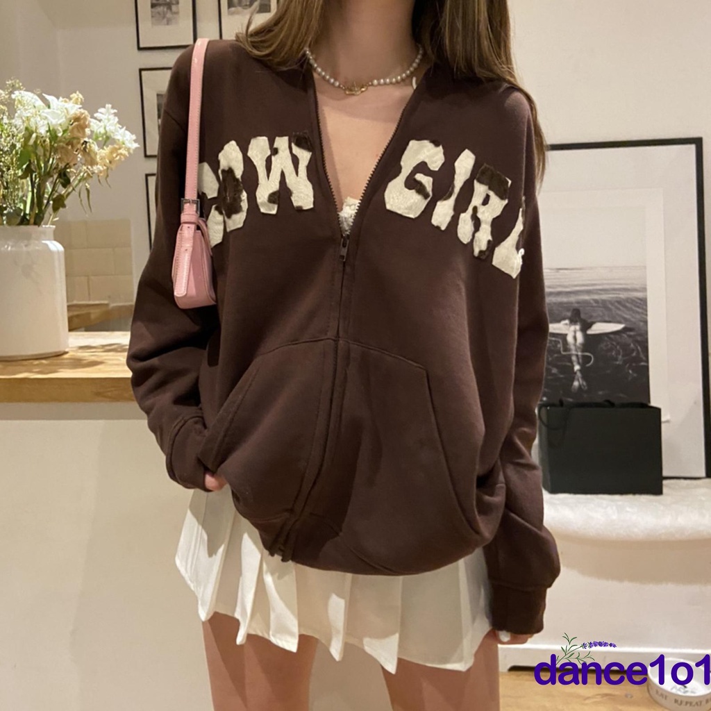 Áo khoác nữ tay dài có nón khóa kéo in chữ