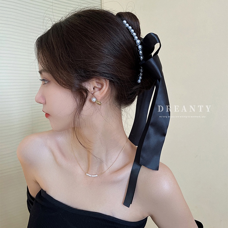 Kẹp Tóc Nơ Ruy Băng Đính Ngọc Trai Thiết Kế Đơn Giản Độc Đáo Phong Cách Hàn Quốc