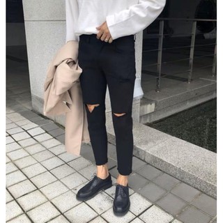 [Không Phai Màu]Quần Jean Nam Đen Rách Gối Vải Không Phai Màu, Co Giãn 4 Chiều Dáng Ôm Phong Cách Hàn Quốc-J07
