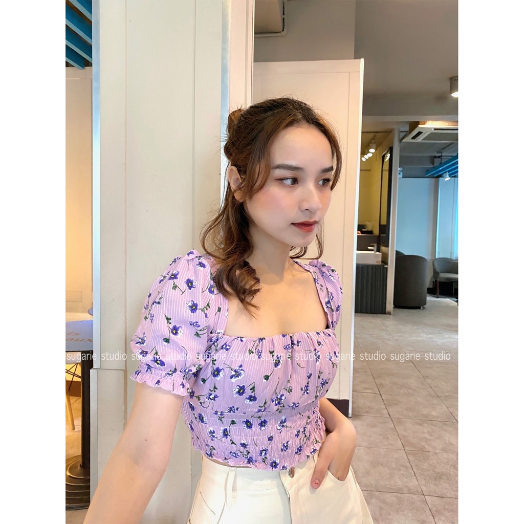 Áo ngắn tay croptop cổ vuông hoạ tiết hoa nhí SUGARIE (ảnh thật) | BigBuy360 - bigbuy360.vn