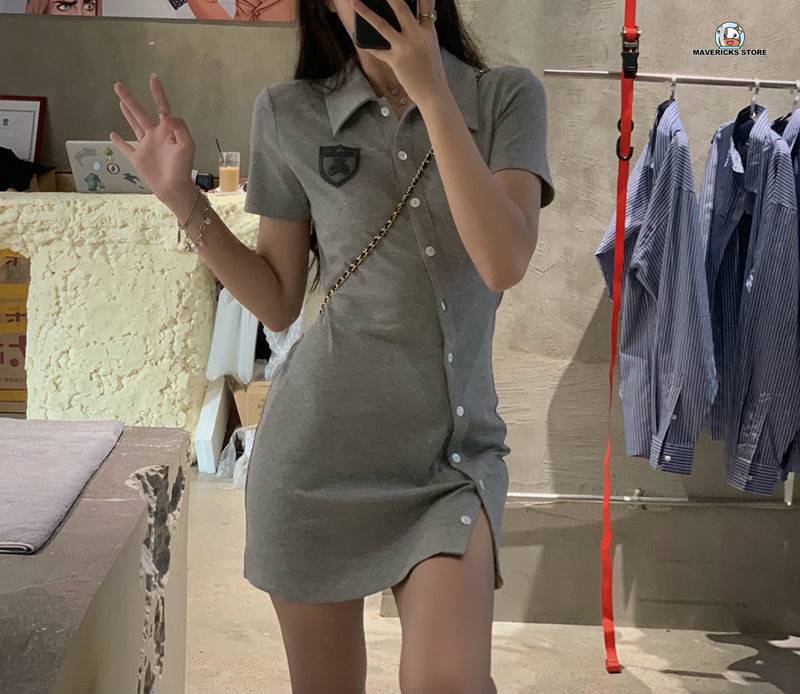 Đầm thun polo tay ngắn cổ bẻ phong cách Hàn Quốc thời trang mùa hè cho nữ