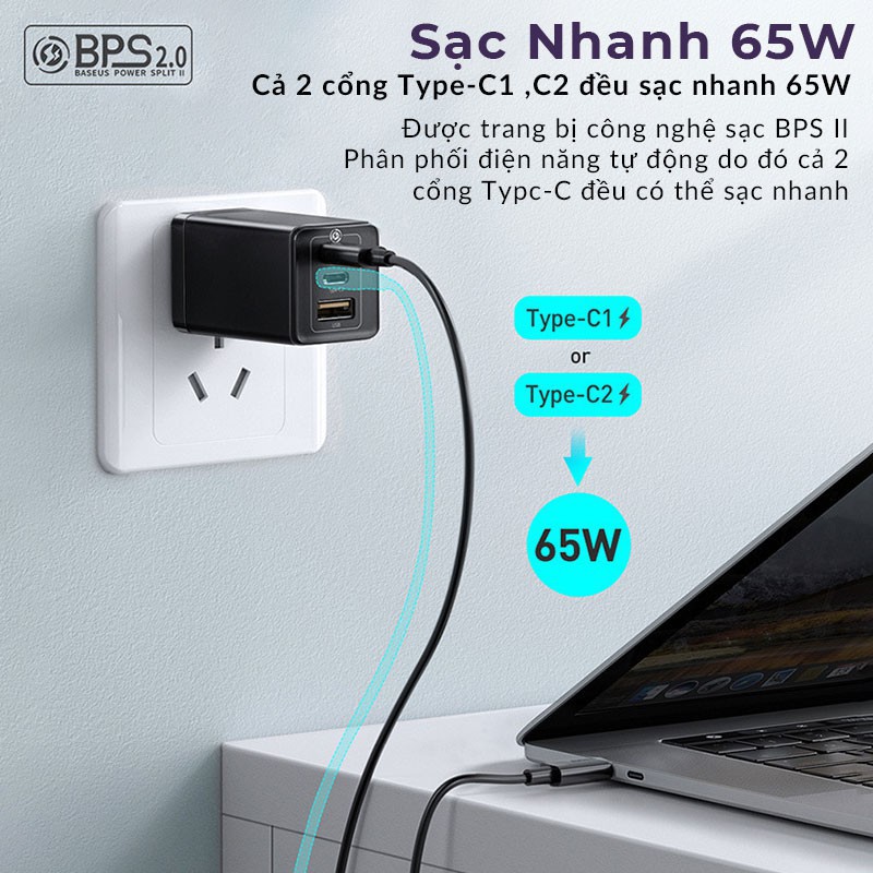 Củ Sạc Baseus 65W GaN 2 Pro💝CAO CẤP💝Củ Sạc Nhanh Cho Laptop/Macbook/iPad/iPhone/Samsung Chân Dẹp Gập Tiện Lợi - BH 12T