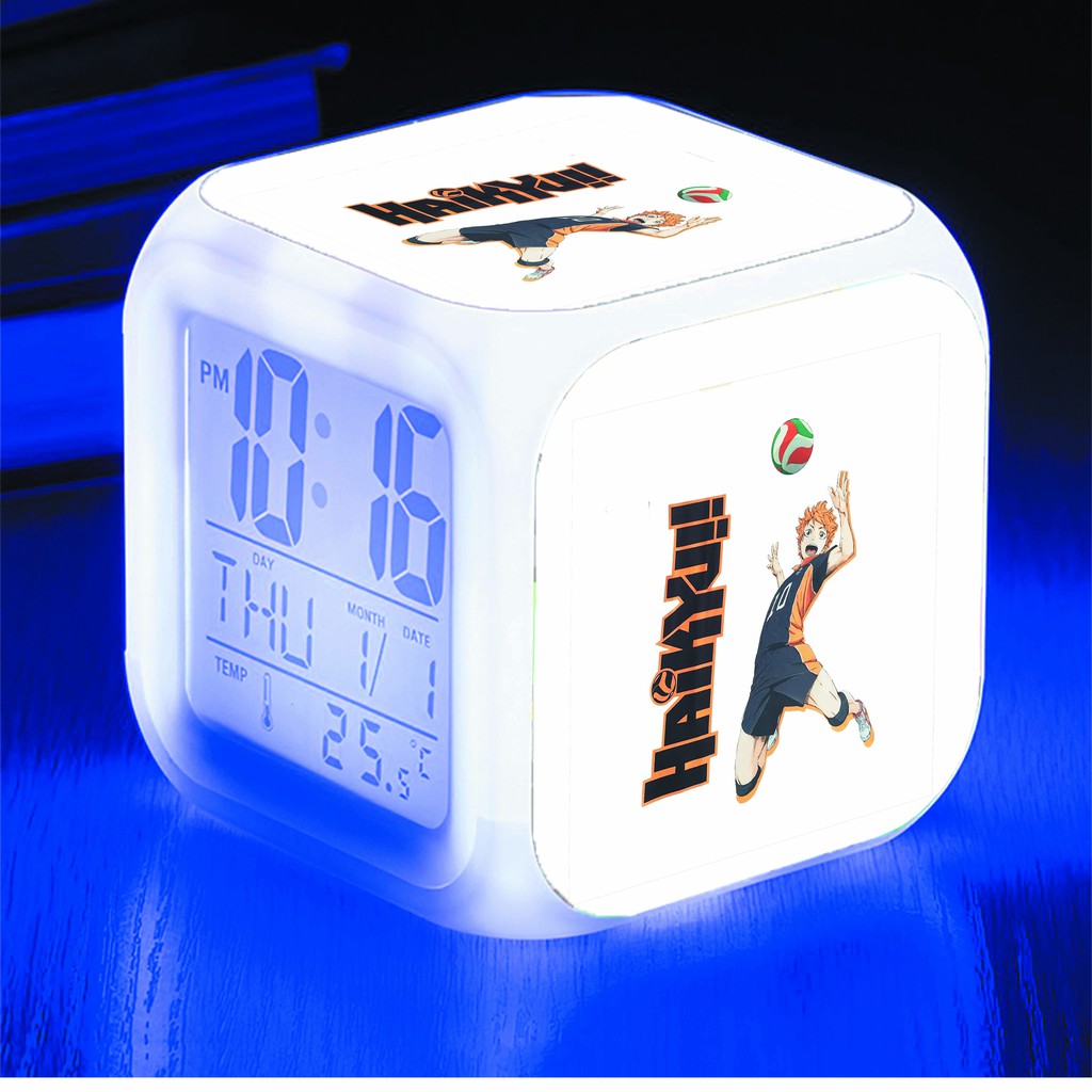 Đồng hồ báo thức để bàn in hình Haikyuu! Vua bóng chuyền anime chibi LED đổi màu
