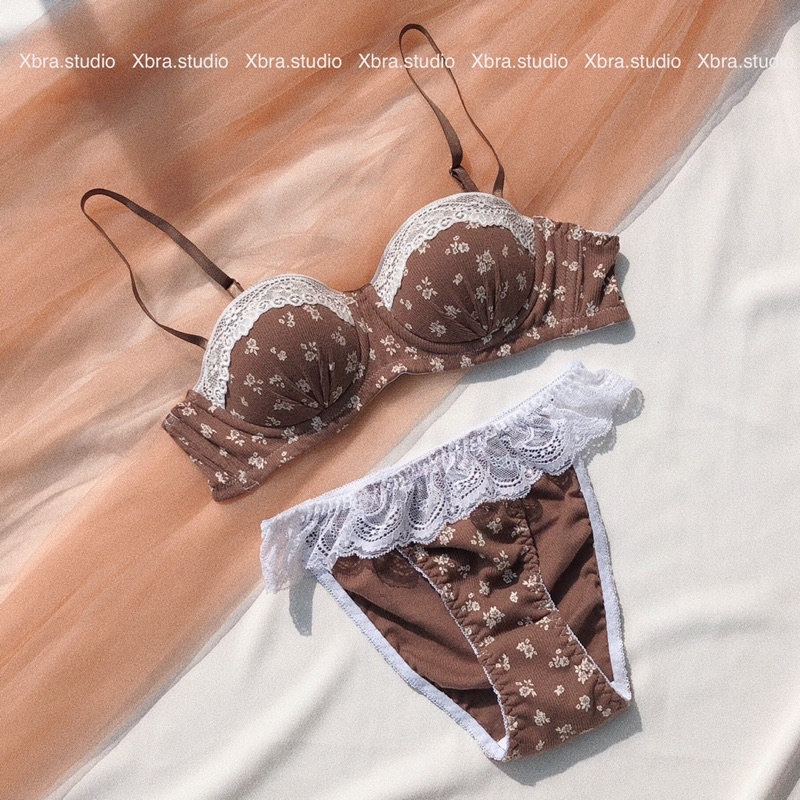 Bộ đồ lót hoa nhí nâu phối ren áo cup ngang CÓ MÚT | BigBuy360 - bigbuy360.vn