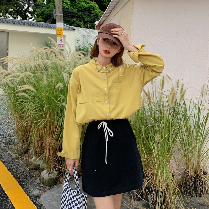 Sơ Mi Nữ Tay Dài Màu Trơn Phong Cách Retro Hàn Quốc