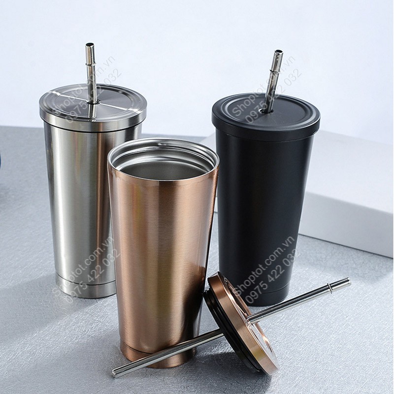 CỐC  2 LỚP INOX 304 CR500, CHỐNG NÓNG, CÓ NẮP VÀ ỐNG HÚT, CỠ LỚN 500ML, DÙNG ĐƯỢC TRÊN XE HƠI