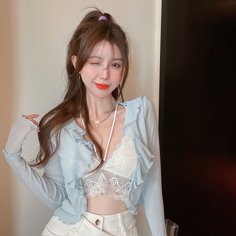 COZOKC COZOK Áo cardigan dệt kim COZOK tay dài phối bèo kiểu dáng thời trang