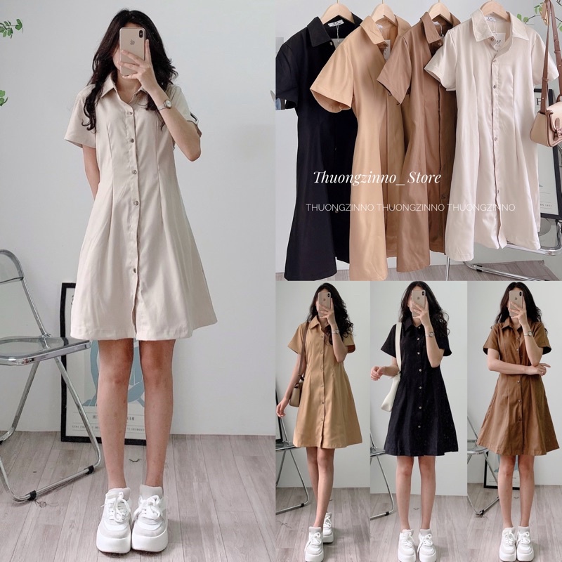 [Ảnh thật/Video]Váy sơ mi cộc tay cổ đức thiết kế cúc gỗ siêu Hàn Quốc Đầm sơ mi dáng ngắn dễ mặc