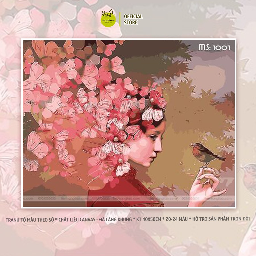Tranh tô màu tân nương bên đàn bướm đỏ T1001