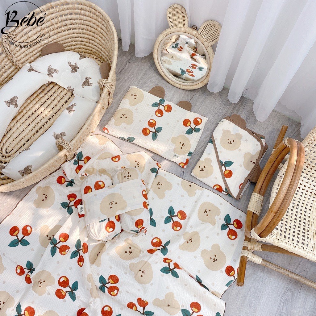 Bé Bé - Set Bộ Chăn, Gối Đầu, Gối Chặn, Gối Ôm, Chăn Ủ Họa Tiết Cherry Gấu