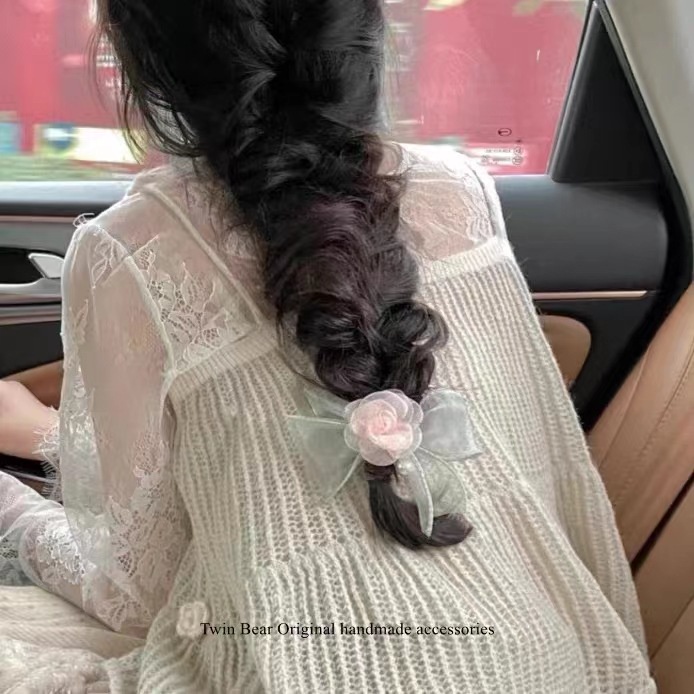 Dây Cột Tóc Cao Su Đính Hoa Trà Màu Xanh Lá Nhạt Phong Cách Mới Mùa Hè