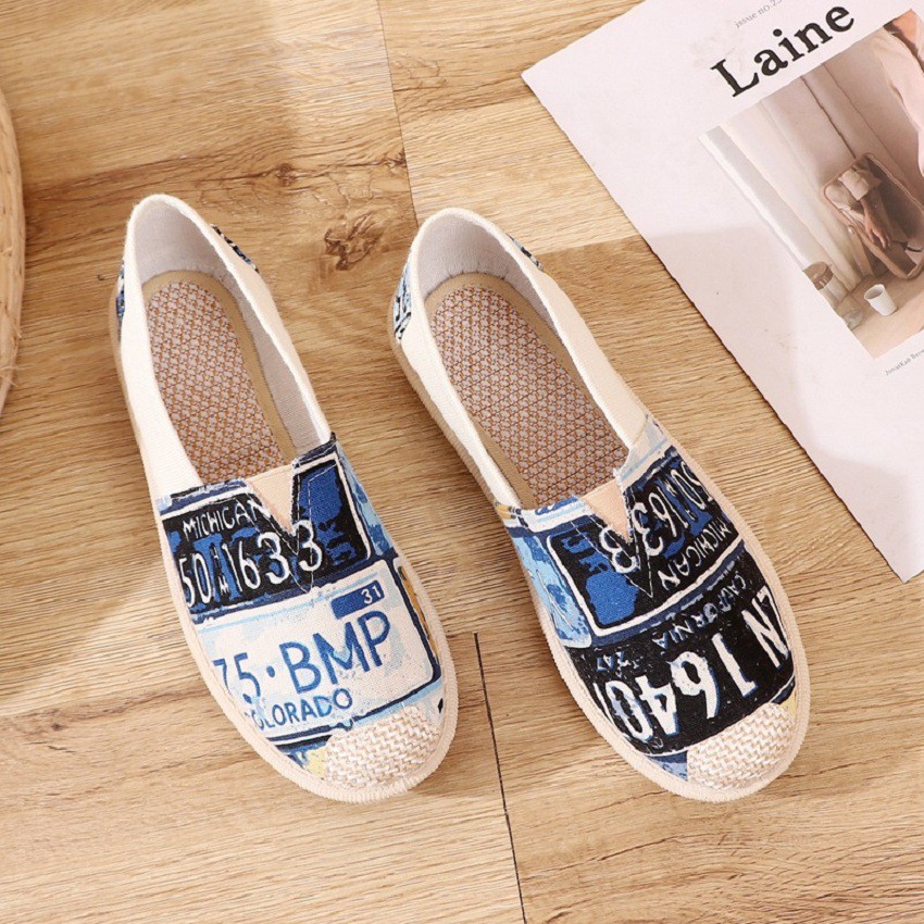 Giày lười nữ đẹp, giày slip on nữ siêu chất bằng vải họa tiết thổ cẩm-vintage siêu xinh, mũi phối cói, đi êm chân