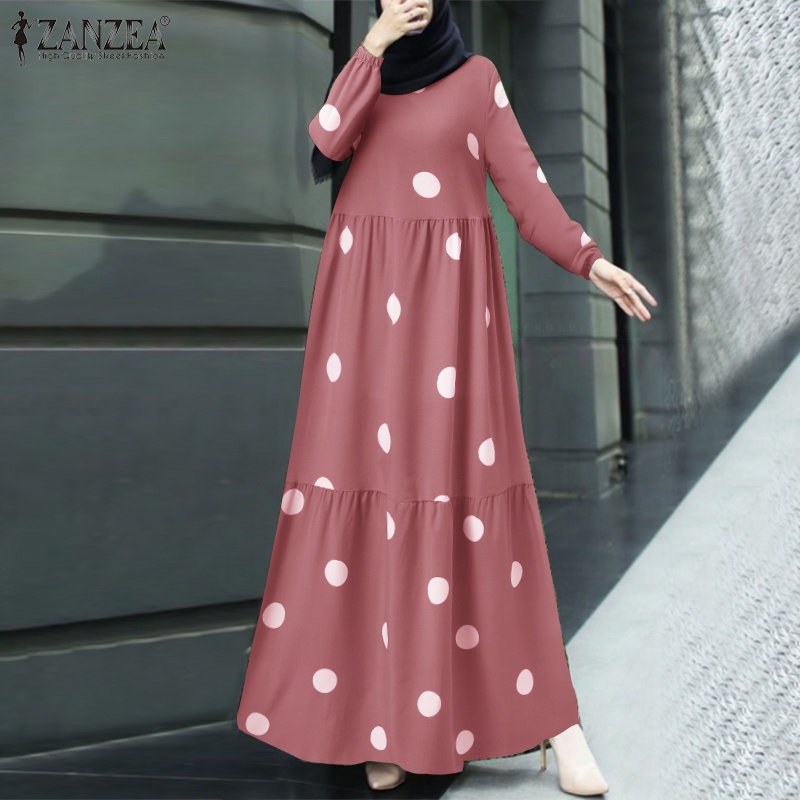 Zanzea Đầm Maxi Tay Dài In Họa Tiết Chấm Bi Phong Cách Bohemian Thanh Lịch Thời Trang Cho Nữ