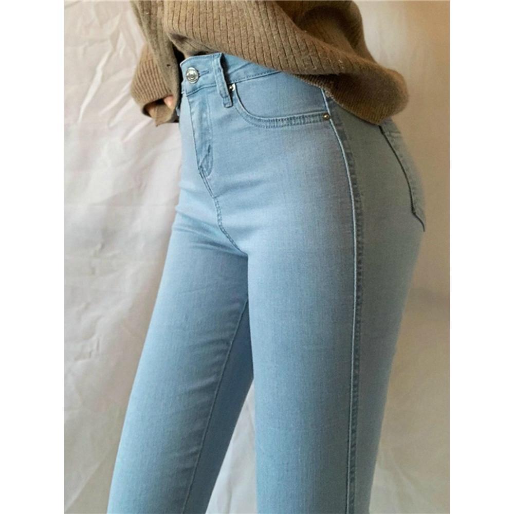 JS Women Pants Jeans Large size high waist stretch tight hips show thin wrap butt small leg European and American peach