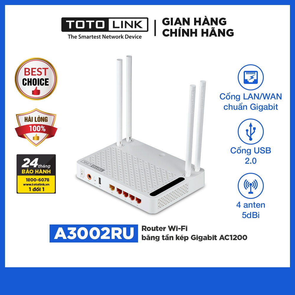 TOTOLINK A3002RU - Router Wi-Fi băng tần kép Gigabit chuẩn AC 1200Mbps  wifi chơi game - Hãng phân phối chính thức