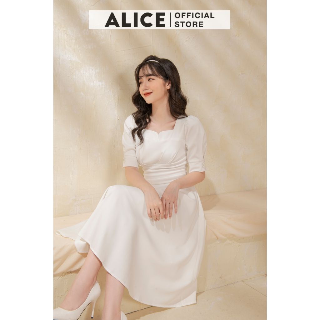 Váy Trắng Dự Tiệc Cổ Vuông ALICE V695 Thiết Kế Xếp Ly Ôm Eo Tôn Dáng, Chất Liệu Mềm Mại Sang Chảnh | BigBuy360 - bigbuy360.vn