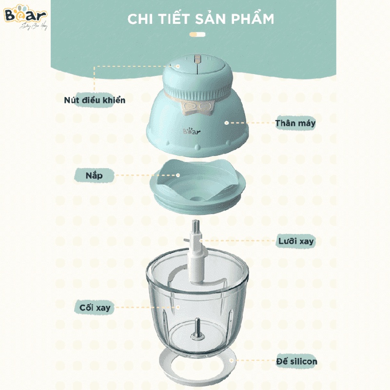Máy xay ăn dặm mini đa năng cho bé ăn dặm 0.6L Bear QSJ-C02K1, 2 mức độ xoay, cối thủy tinh, lưỡi dao innox không gỉ