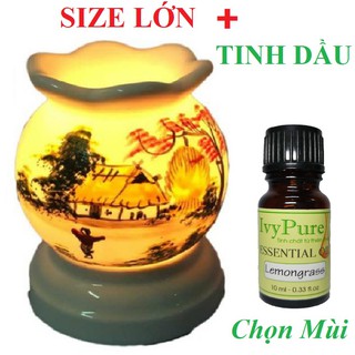 Đèn Xông Tinh Dầu CỠ LỚN TẶNG KÈM TINH DẦU Tùy Chọn Mùi - Gốm sứ Bát Tràng Cao Cấp, Họa Tiết Vẽ Tay, Sứ Thấu Quang