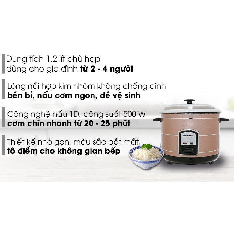 Nồi cơm điện nắp rời Sunhouse 1.2 lít SHD8105 Hàng Trưng Bày -  dung tích 1.2 lít Dùng cho 2 - 4 người ăn