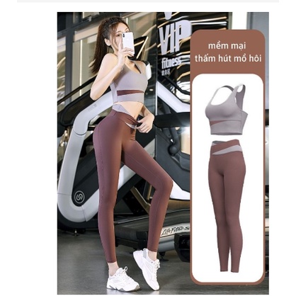 Bộ quần dài  áo tập gym nữ phối mầu cao cấp, đồ thể thao yoga, erobic nữ có mút đệm ngực dày 005
