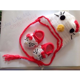 Set mũ và giầy len kitty cho bé